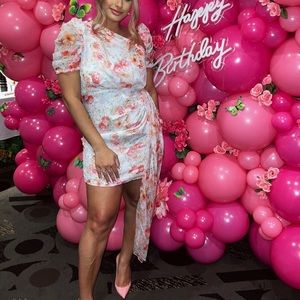 Pretty Little Thing PLT pink floral chiffon one shoulder dress